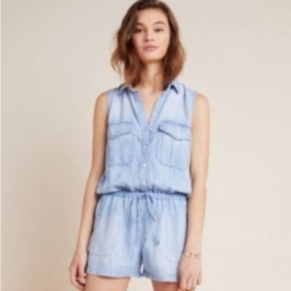 Cloth and Stone Chambray Utility Romper XS Sleeveless Tie Waist vacation coastal - Picture 1 of 16